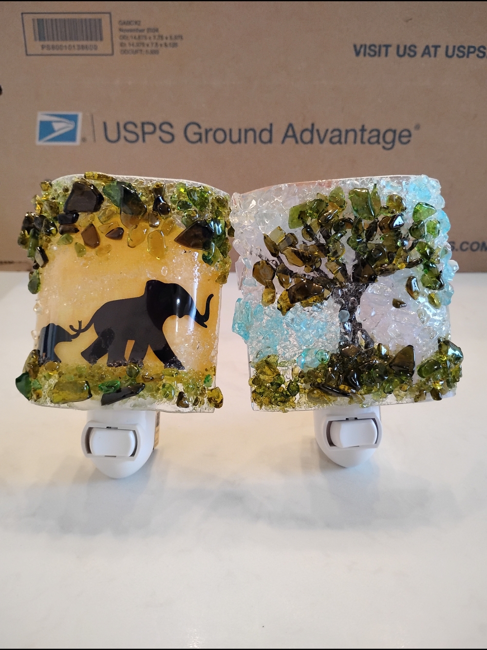 Handmade Fused Glass Night Lights – Elephant & Tree – Unique Artisan Decor (Set